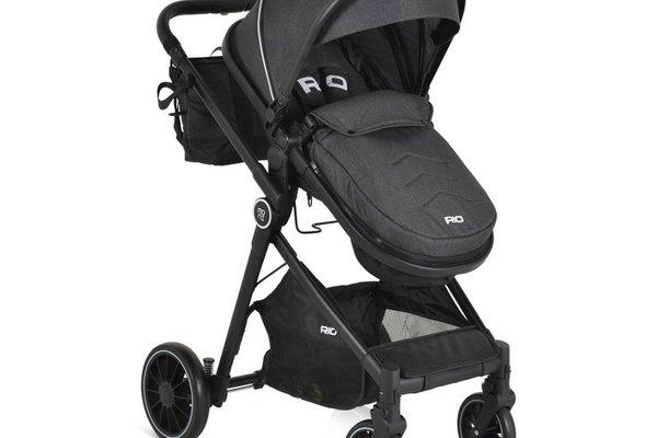 Carucior transformabil 2in1 Moni Rio Black pana la 22 kg,Cadru din aluminiu,Spatar reglabil,Scaun reversibil,Roti din spuma EVA pivotante cu amortizor si rulment,Baldachin,cu Husa picioare,Geanta,Plasa insecte,Suport pahar