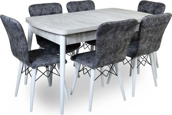 Set masa extensibila cu 6 scaune tapitate Homs cristal  bej-gri-picior-alb-170 x 80 cm