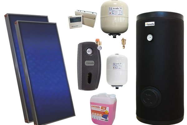 Pachet solar premium, presurizat, 2x panou plan Sunsystem PК SL FP 2.0, Boiler cu 2 serpentine Fornello SOL 200 LT 2S, controller, vas expansiune solar, vas expansiune sanitar, grup pompare Fornello (pompa OHI), aerisitor 1/2, antigel