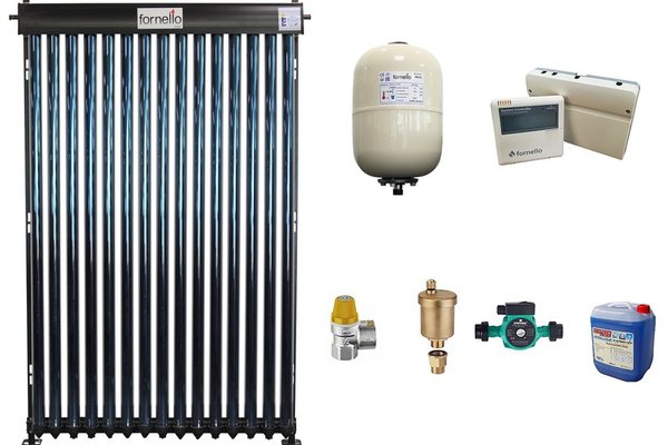 Pachet Economic Sistem solar presurizat, panou Fornello 15 Tuburi Heat Pipe, pompa 25-60, controller, vas expansiune, antigel, supapa 1/2, aerisitor 1/2