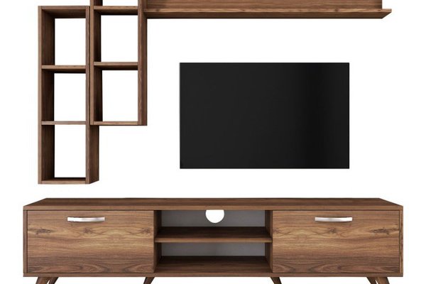 Set Living M16, comoda TV si rafturi suspendate din lemn de nuc, dimensiuni 180x35 cm