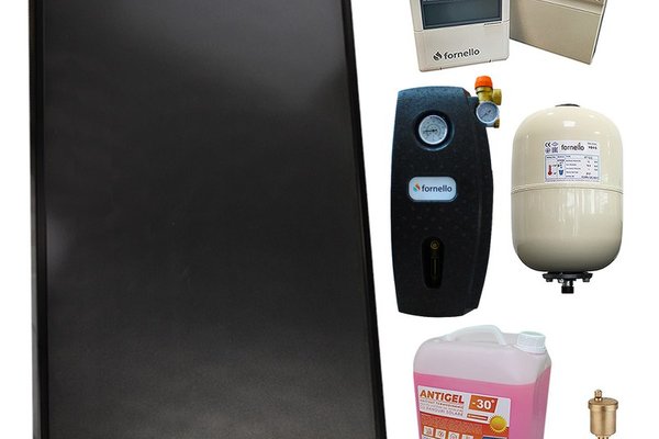 Pachet premium sistem solar presurizat fara boiler, Panou solar plan Fornello 2.0 m² SPFP, grup pompare, controller, vas expansiune, antigel, aerisitor 1/2