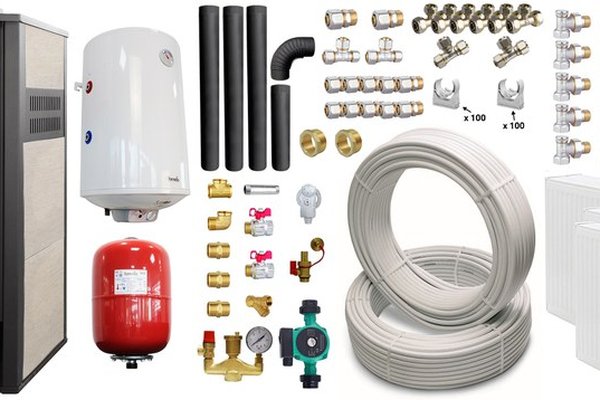 Pachet incalzire si apa calda pentru 3 camere Termosemineu pe lemne, brichete si carbune Fornello Roma E, Ivory, 22 kW, 49x45x103 cm, teava, boiler termoelectric 100l, vas expansiune, pompa circulatie, kit evacuare, calorifere si fitingu