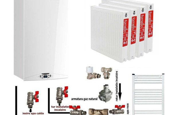 Pachet apartament cu 3 camere, centrala termica in condensatie Ariston HS Premium EU2 24, kit evacuare inclus, calorifere otel, kit armaturi centrala, robineti calorifer