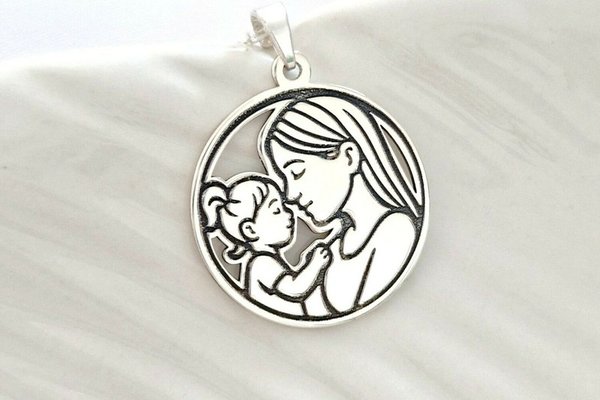 Lantisor Dragoste Pura pentru Mama si Fetita - Argint 925 cu Medalion Rotund