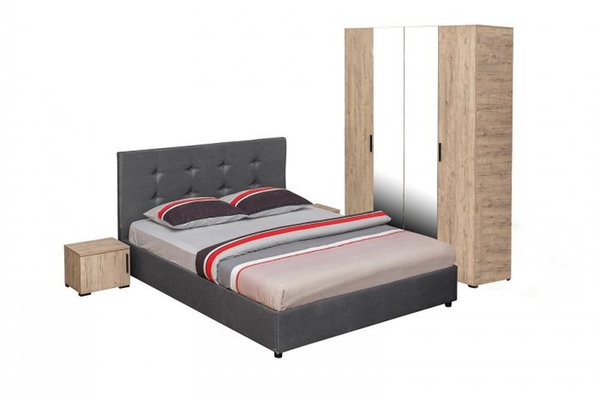 Set dormitor ECONO, 4 piese, pat 140x200 cm, dulap 4 usi, 2 noptiere, sherwood + gri