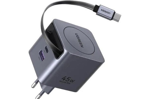 UGREEN 45W GaN Fast Charger X614 - Incarcator Rapid cu Cablu Retractabil, 2 USB-C si 1 USB-A, Gri