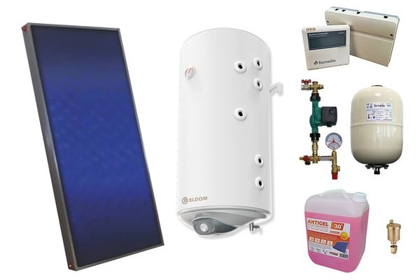Pachet sistem solar presurizat, panou solar plan Sunsystem PК SL FP 2.0, Boiler cu 2 serpentine Eldom 100 l 2S, controller, vas expansiune, grup pompare, aerisitor 1/2, antigel
