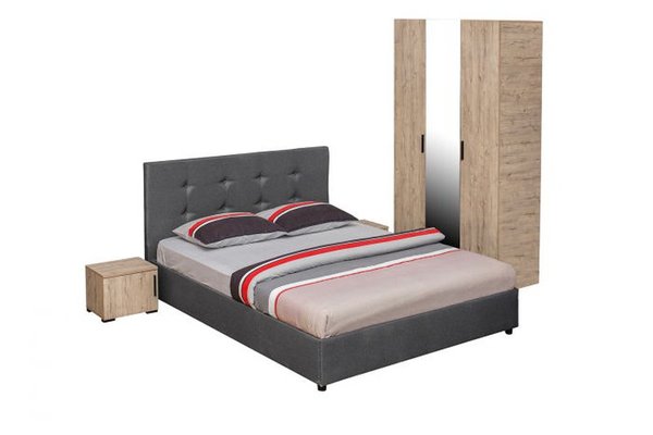 Set dormitor ECONO, 4 piese, pat 140x200 cm, dulap 3 usi, 2 noptiere, sherwood + gri