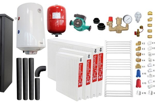 Pachet incalzire si apa calda pentru 3 camere Termosemineu pe lemne, brichete si carbune Fornello PADOVA E, 19.4 kW, 510x500x910 mm, teava PPR si fitinguri, boiler termoelectric 80l, vas expansiune, pompa circulare, calorifere, kit evacuare si kit mo