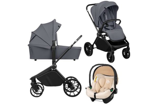 Carucior 3 in 1 Lionelo Mika Plus Gri cu Scoica Auto Bej Certificata ADAC