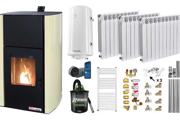 Pachet complet pentru incalzire, Termosemineu pe peleti Fornello Fiama Confort 12 kW, Calorifere aluminiu, Boiler 100 litri, Aspirator cenusa si accesorii