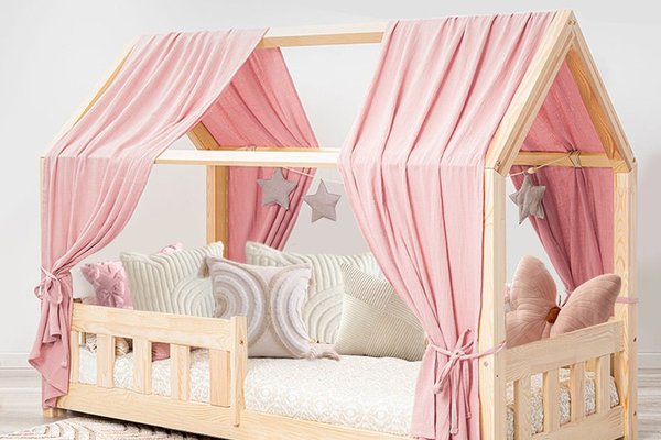 Pat copii montessori tip casuta, LittleAmy, Angel Nest, Balustrade cu bare plate, Natur, 100 x 200 cm
