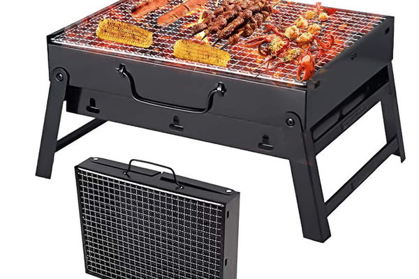 Gratar portabil tip valiza pentru gradina camping plaja din metal negru 27cmx35cmx23cm