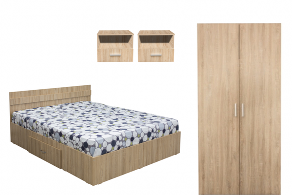 Set dormitor ALMA, 4 piese, pat 140x200 cm, dulap 2 usi, 2 noptiere, sonoma