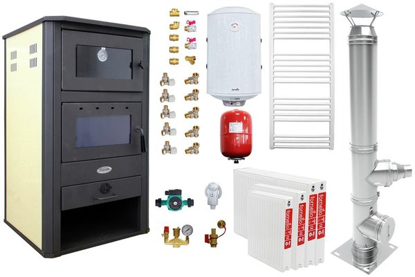 Pachet incalzire si apa calda pentru 3 camere Termosemineu pe lemne, brichete si carbune Fornello MILANO E, 24 KW, cuptor, Ivory, 580x560x1060 mm, cos inox, boiler termoelectric 100l, vas expansiune, pompa circulatie, calorifere si kit montaj