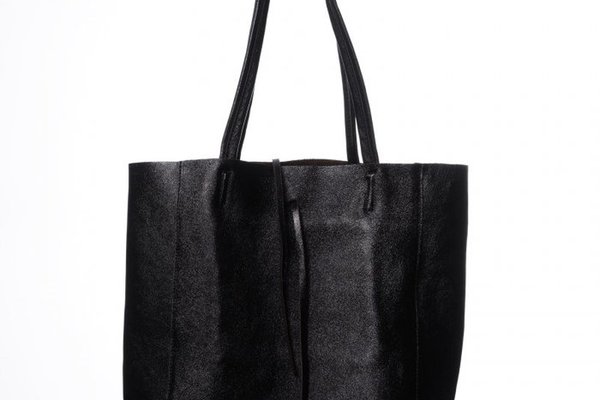 Geanta shopper din piele naturala neagra metalizata