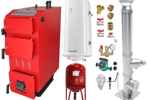 Pachet Cazan (centrala) pe combustibil solid, (lemn, carbune), Fornello Praktik 30 kW, Cos Inox, Boiler, Vas Expansiune, Pompa, Fitinguri Montaj