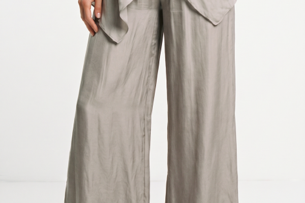 Pantaloni Palazzo Din Matase Si Vascoza, Grej, Cu Dublura