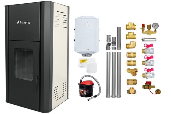 Pachet Termosemineu peleti Fornello Primo Pellet 25 kw, complet echipat pentru incalzire, pompa circulatie, vas expansiune, automatizare, kit evacuare 3.5 ml, Boiler Termoelectric Fornello 100 l, Termostat Salus 091FLRFV2, Aspirator si kit montaj