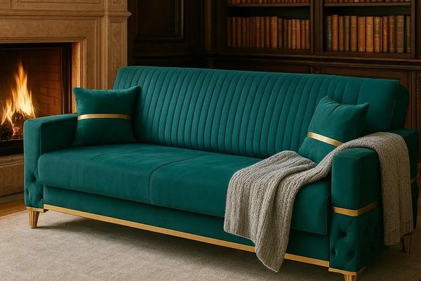 Canapea extensibila cu lada de depozitare 220x90x97 cm – stofa verde, detalii aurii –  Vegas