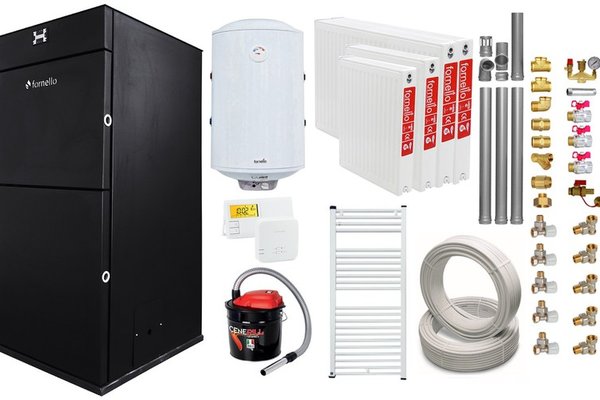 Pachet Centrala peleti Fornello Pellet King 25 kw, complet echipata, pompa circulatie, teava hidronix, vas expansiune, automatizare, kit evacuare 3.5 ml, Boiler Termoelectric Fornello 100 l, Termostat Salus 091FLRFV2, Aspirator, Radiatoare