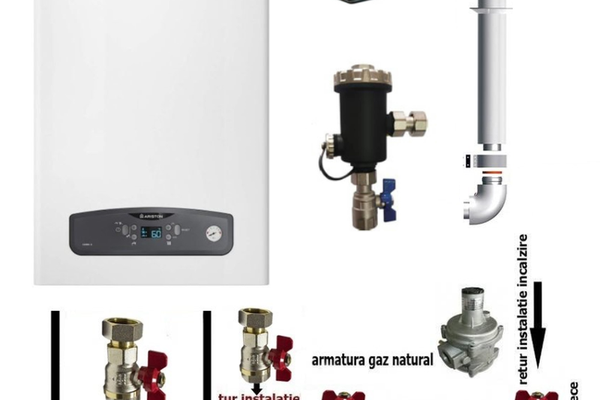 Centrala termica pe gaz in condensare Ariston CARES S 24 kW, clasa A, LCD, model nou, Salus IT500 wifi termostat ambient cu control prin internet, filtru antimagnetita si pachet instalare