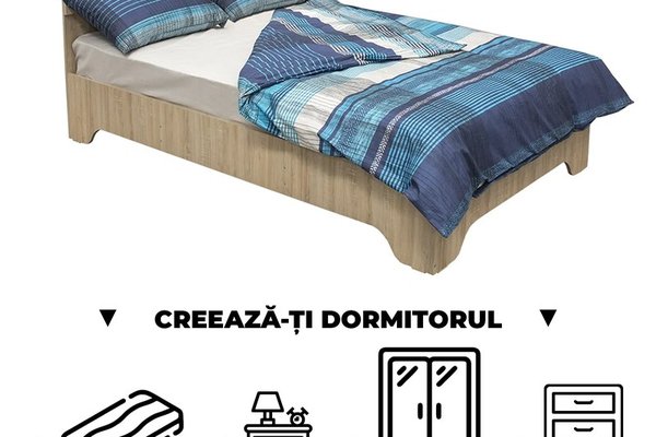 Creeaza-ti Dormitorul ALMA, sonoma deschis, de la Pat cu picioare Alma 120x200 cm, adauga Saltea, Noptiere, Comoda, Dulap