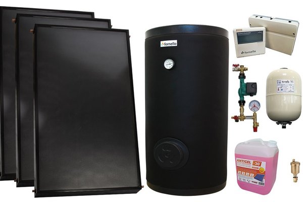 Pachet sistem solar presurizat, 3 x Panou solar plan Fornello 2.0 m² SPFP, Boiler cu 2 serpentine FORNELLO SOL 300 LT 2S, grup pompare, controller, vas expansiune, antigel, aerisitor 1/2