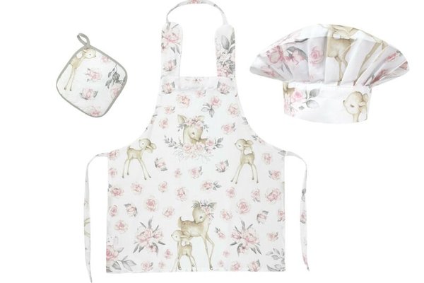 Setul Micutul Bucatar MimiNu - Sort, Boneta si Accesorii pentru Vase Calde, Bumbac Oeko Tex Standard 100, Sweet Deer Pink