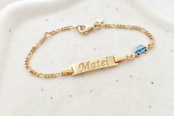 Bratara bebe - Placuta cu nume - Masinuta colorata si lantisor - Argint 925 placat cu Aur Galben 18K