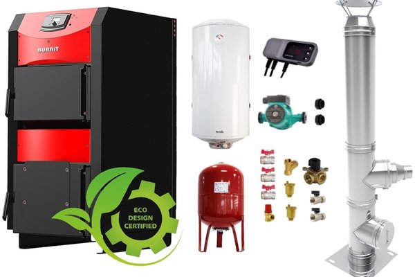 Pachet Centrala pe combustibil solid ​Sunsystem Burnit NWB PRIME 50 kW, cos inox, boiler termoelectric, vas expansiune, pompa circulare, controller pompa, fitinguri montaj