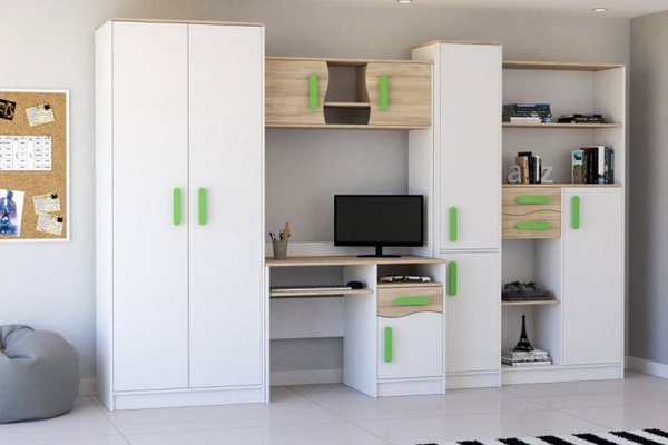 Set de dormitor pentru tineret MACIUS, 5 piese, PAL alb si sonoma, manere verzi, dimensiuni 300x52x197 cm