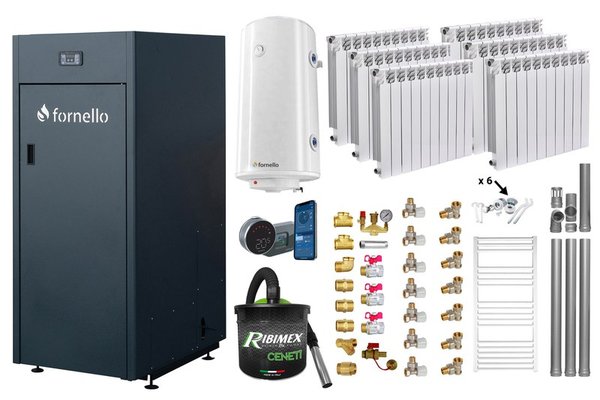 Centrala pe peleti Fornello King Plus 25 KW - Pachet complet cu termostat, calorifere aluminiu si accesorii