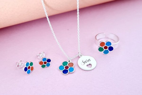 Set personalizat - Floare multicolora - Lantisor, cercei si inel - Argint 925