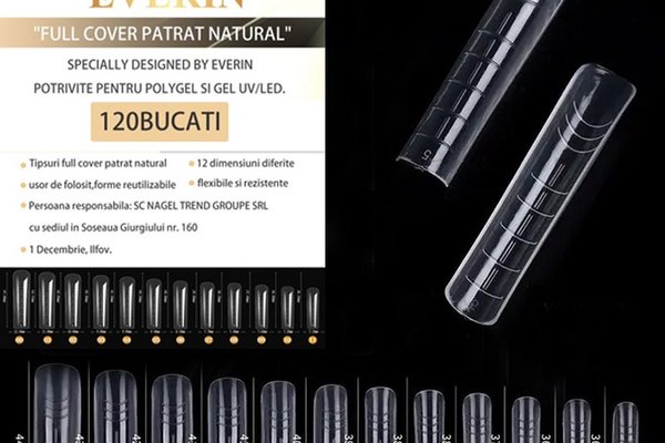 Tipsuri Full Cover Everin 120 bucati 12 marimi- Patrat Natural - SMR-24TK