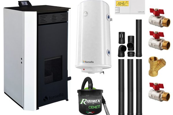 Fornello EVA 25 KW: Pachet complet termosemineu pe peleți cu Wi-Fi, pompa de circulatie, boiler 100L si kit montaj