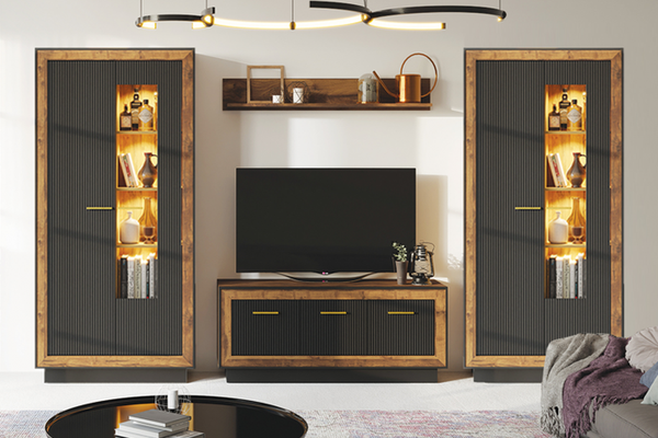 Set Living FOX, 4 corpuri, cu lumini LED, 2 x vitrina FOX2, comoda FOX4, etajera FOX6, corp eger, fronturi MDF eger + negru