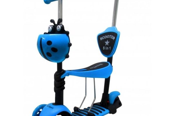Trotineta 5 in 1 JR R-Sport albastru,cu maner parental, scaunel reglabil, ghidon reglabil, roti cu LED, greutate admisa 25 kg, varsta 2-7 ani