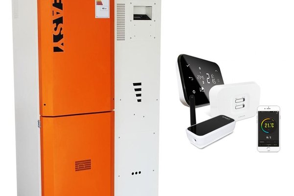 Pachet control de la distanta Centrala pe peleti Fornello Slimpel Easy 40 kw, arzator din inox, pompa, tiraj fortat, buncar 88 kg si termostat Wi-Fi Salus IT 500