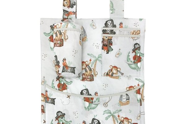 Organizator pentru patut si leagan, MimiNu, Din bumbac certificat Oeko Tex Standard 100, 3 compartimente, 53x46 cm, Design, Pirates Natural