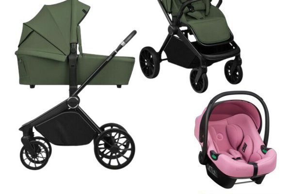 Carucior Lionelo Mika Plus 3 in 1 cu scoica auto Roz, Reversibil si Ventilat, Pana la 22 kg, Verde