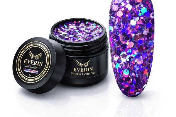 Twinkle Color Gel EVERIN 5ml – 02 | Gel Color Violet Holografic cu Sclipici Multicolor pentru Manichiură Profesională