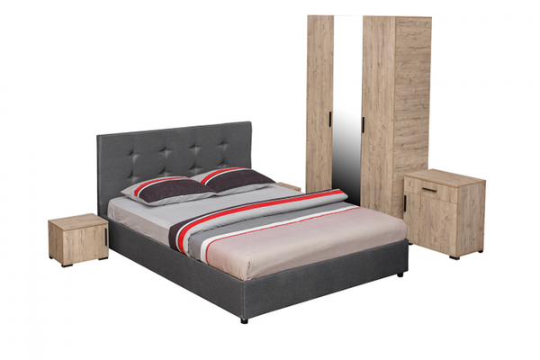 Set dormitor ECONO, 5 piese, pat 140x200 cm, dulap 3 usi, comoda, 2 noptiere, sherwood + gri