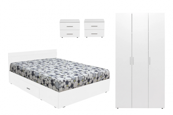 Set dormitor ALMA, 4 piese, pat 160x200 cm, dulap cu 3 usi, 2 noptiere, alb