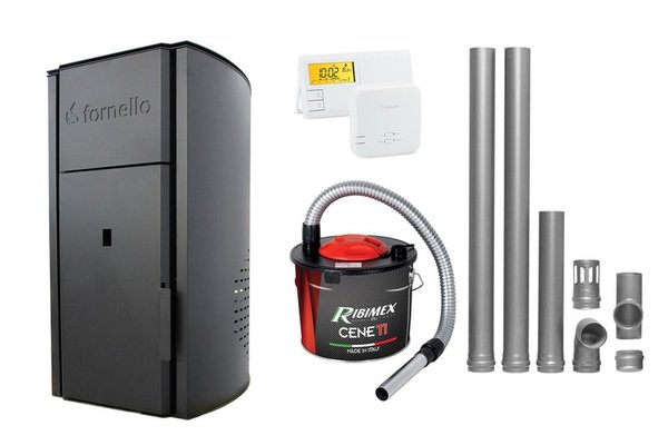 Pachet Centrala pe peleti Fornello Royal Black 25 kW, complet echipata cu pompa, vas expansiune, automatizare, culoare negru, kit evacuare 2.5 ml, Termostat Radio Comanda Salus 091FLRFV2 si Aspirator Cenusa