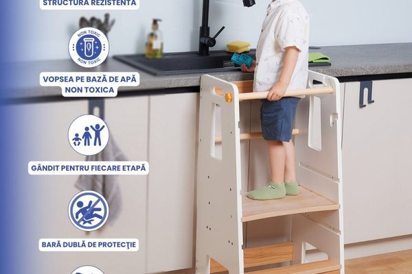 Turn de invatare Suporto AlbMaro pentru copii - inaltator cu treapta reglabila si balustrade de siguranta