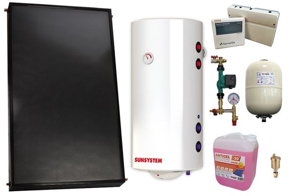 Pachet sistem solar presurizat, Panou solar plan Fornello 2.0 m² SPFP, Boiler cu 2 serpentine si rezistenta electrica Sunsystem MB NL2 120 litri, grup pompare, controller, vas expansiune, antigel, aerisitor 1/2