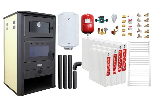 Pachet incalzire si apa calda pentru 3 camere Termosemineu pe lemne, brichete si carbune Fornello MILANO E, 24 KW, cuptor, Ivory, 580x560x1060 mm, boiler termoelectric 100l, vas expansiune, pompa circulatie, calorifere, kit evacuare si kit montaj