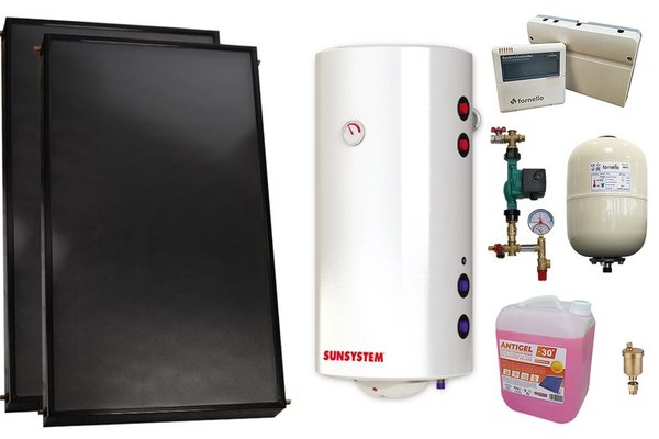 Pachet sistem solar presurizat, 2 x Panou solar plan Fornello 2.0 m² SPFP, Boiler cu 2 serpentine si rezistenta electrica Sunsystem BB NL2 150 PRL 3KW, grup pompare, controller, vas expansiune, antigel, aerisitor 1/2